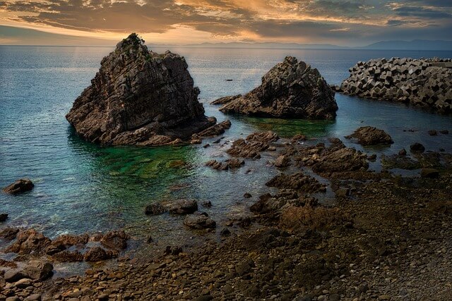 View of the coastal waters and small islands around Shimoda onsen, Kumamoto