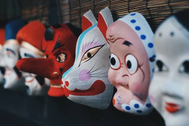 Edo style masks lined up at a tokyo onsen